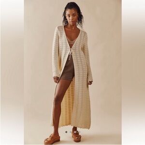 Free People Beach Landry Fauxchet Long Cardigan Crochet Knit Natural Size M